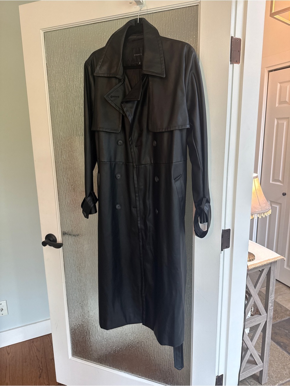 Dynamite Classic Black Long Faux-Leather Trench Coat - Picture 2 of 11